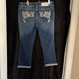Miss Me Dark Blue Ankle Jeans with White Floral Design